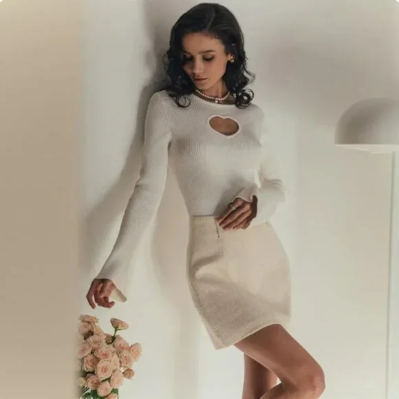 Heart Knit Hollow-Out Sweater with Flare Sleeves - Picture 2 of 6